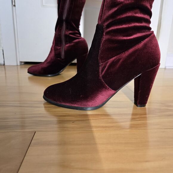 Catherine Malandrino Velva Over  Knee Boots Velvet  7.5 Heeled  Maroon Red EUC - Picture 8 of 16